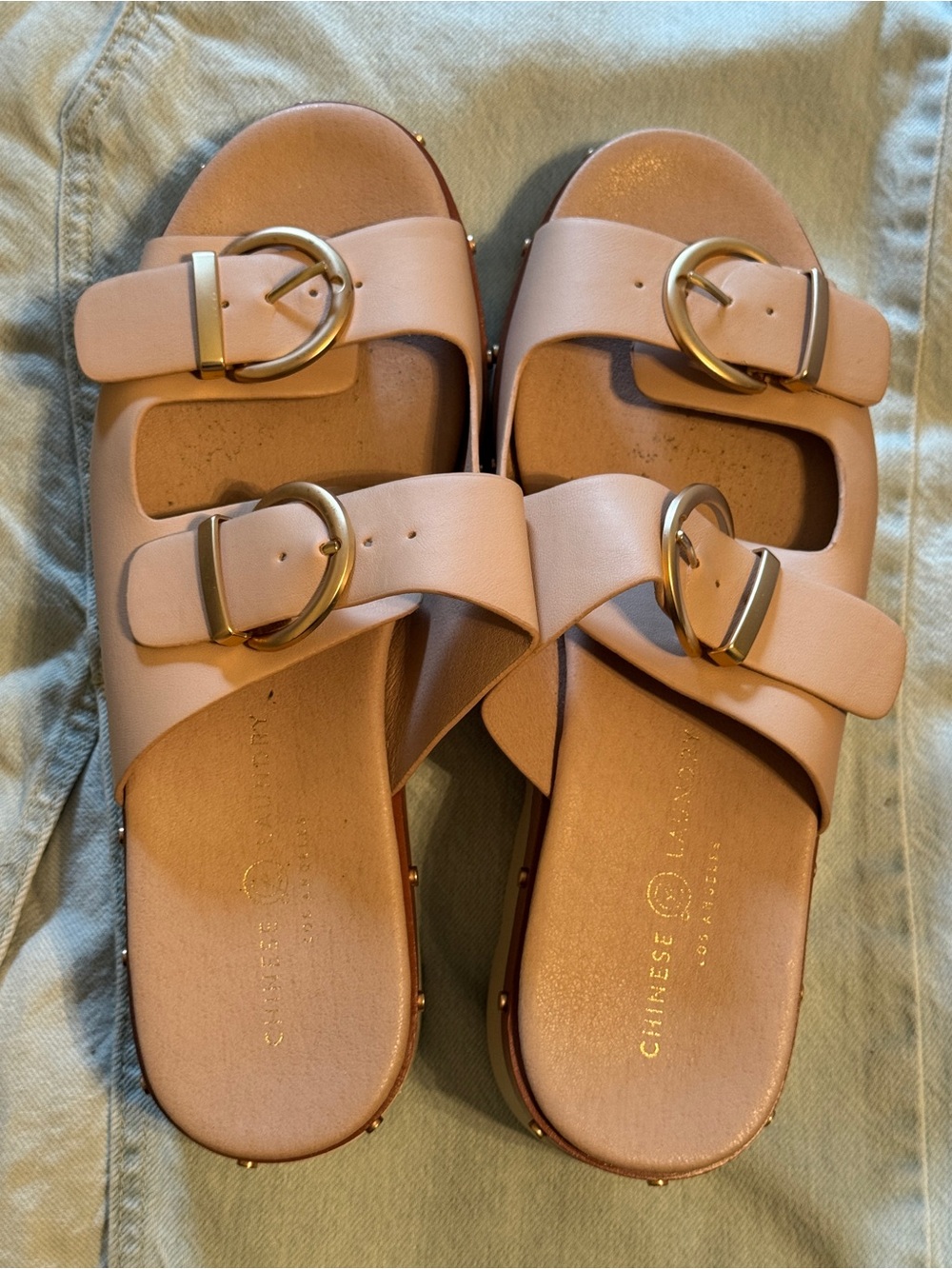 Chinese Laundry Tan Double Buckle Slide Sandals with Gold Buckles